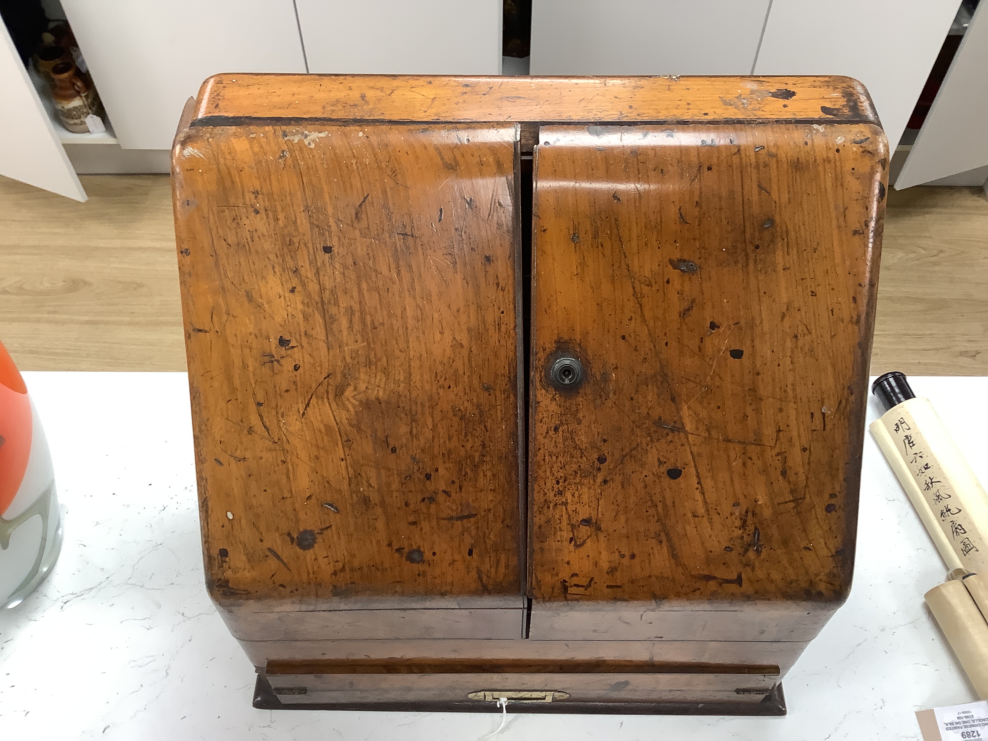 A Victorian walnut stationery box with pull out writing slope, ivory labels, 41cm wide CITES Submission reference PHGK9A82